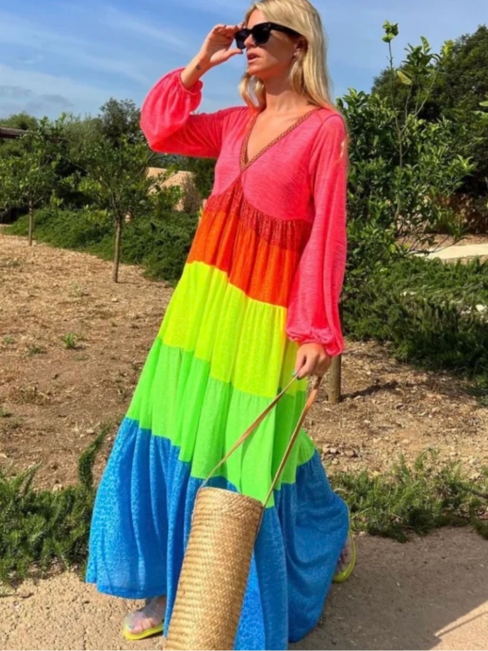 Pitusa Rainbow V-neck Maxi Kaftan Dress Size S